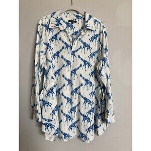 For Cynthia Giraffe Print Linen Blend Tunic Top 1X White Blue Lagenlook